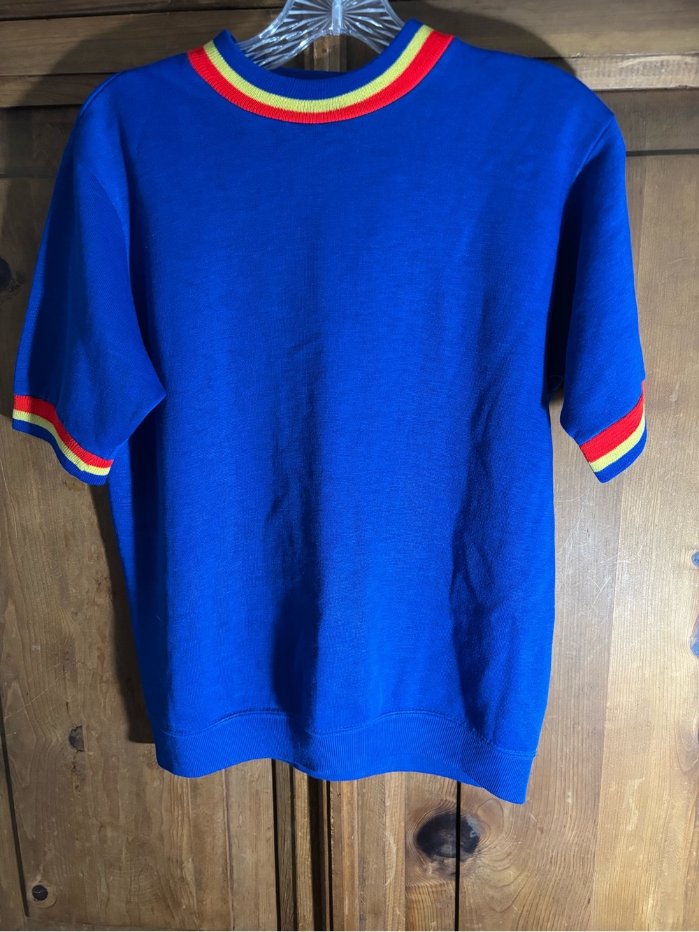 Vintage Woman’s Short-Sleeve Knit Top with Rainbow Trim